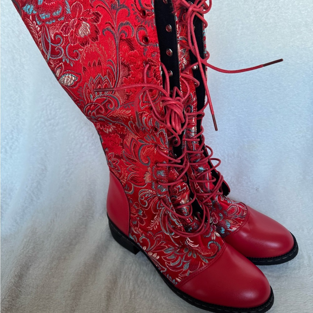Elegant Red Lace-Up Women's Boots